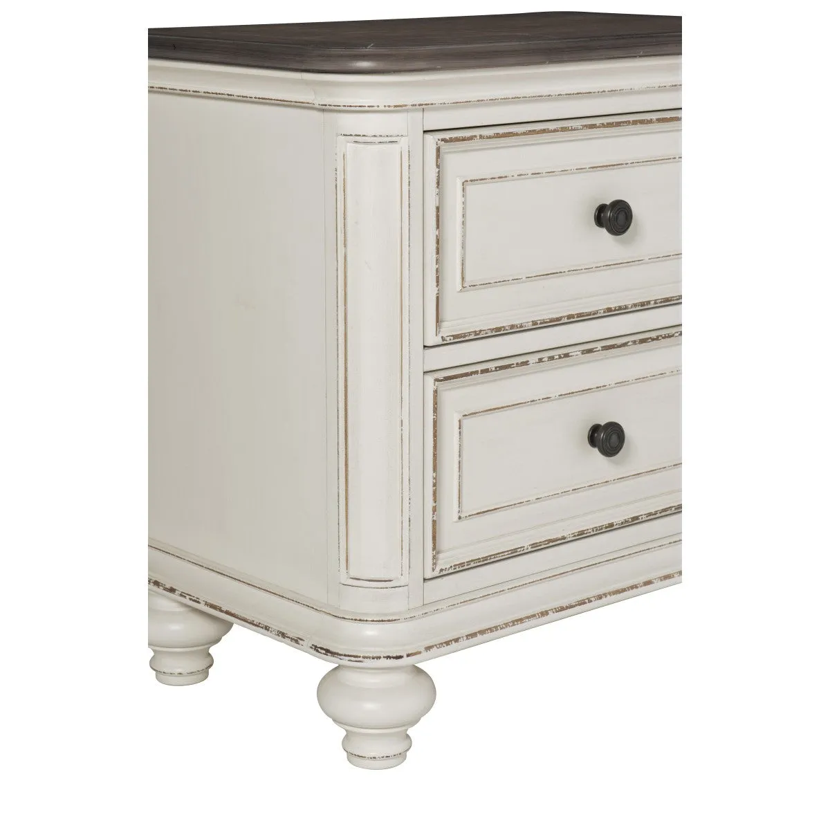 Antique White & Brown-Gray Night Stand with USB Port - 2 Drawers, Oak Veneer