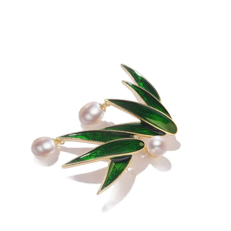 Bamboo Leaves in the Rain - Classic Bamboo Leaf Brooch Pin Adorned with Freshwater Pearls