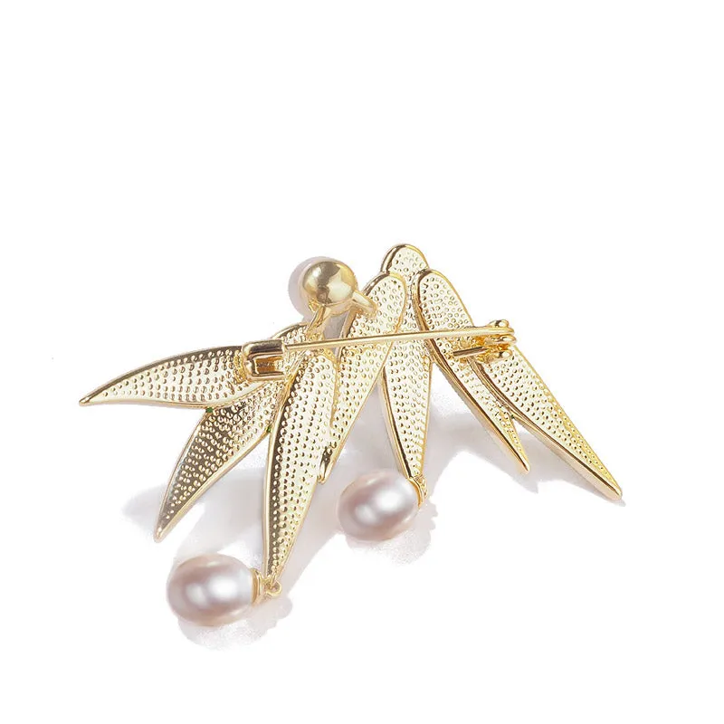 Bamboo Leaves in the Rain - Classic Bamboo Leaf Brooch Pin Adorned with Freshwater Pearls