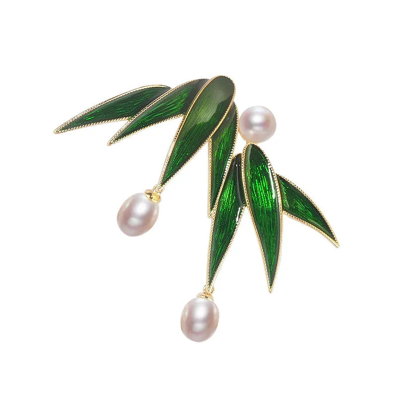 Bamboo Leaves in the Rain - Classic Bamboo Leaf Brooch Pin Adorned with Freshwater Pearls