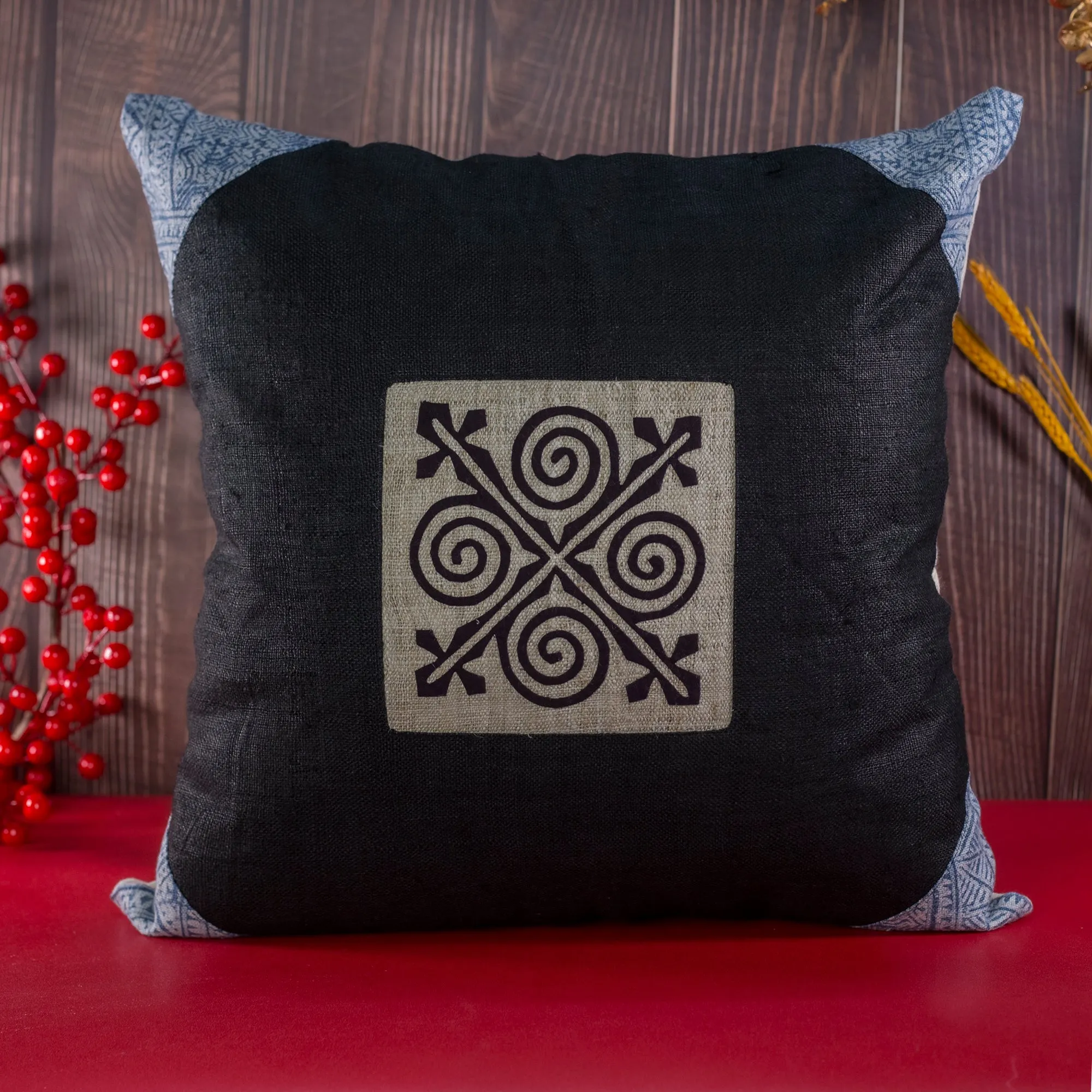 Black hemp Cushion Cover, beeswax batik corner, white hand-embroidered patch