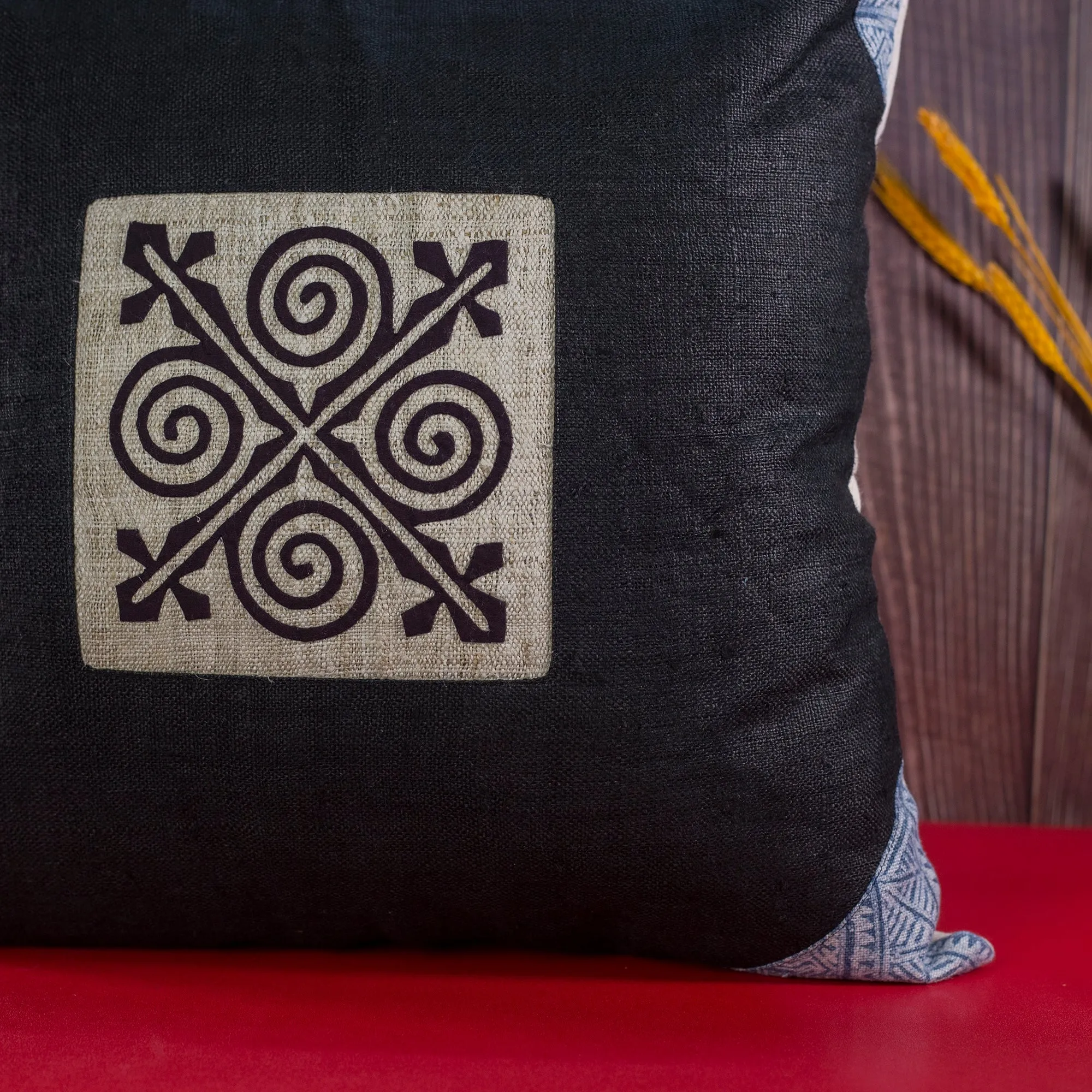 Black hemp Cushion Cover, beeswax batik corner, white hand-embroidered patch