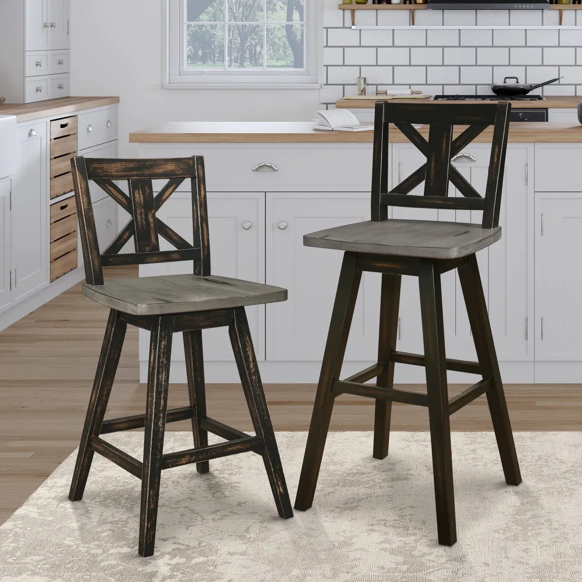 Black Swivel Counter Height Chair with X-Back - Set of 2