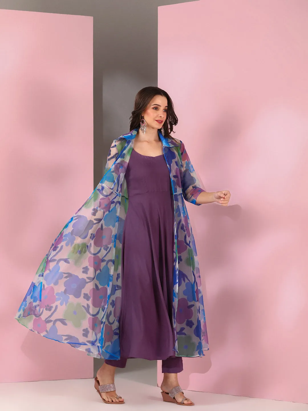 Blue Women Floral Printed Empire Kurta with Trousers