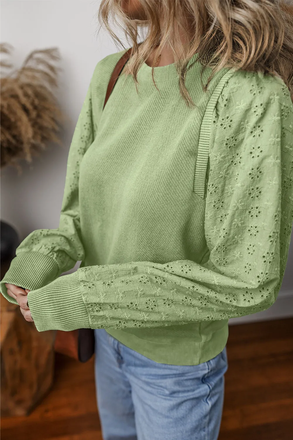 Bright Pink Eyelet Embroidered Sleeve Patchwork Ribbed Sweatshirt