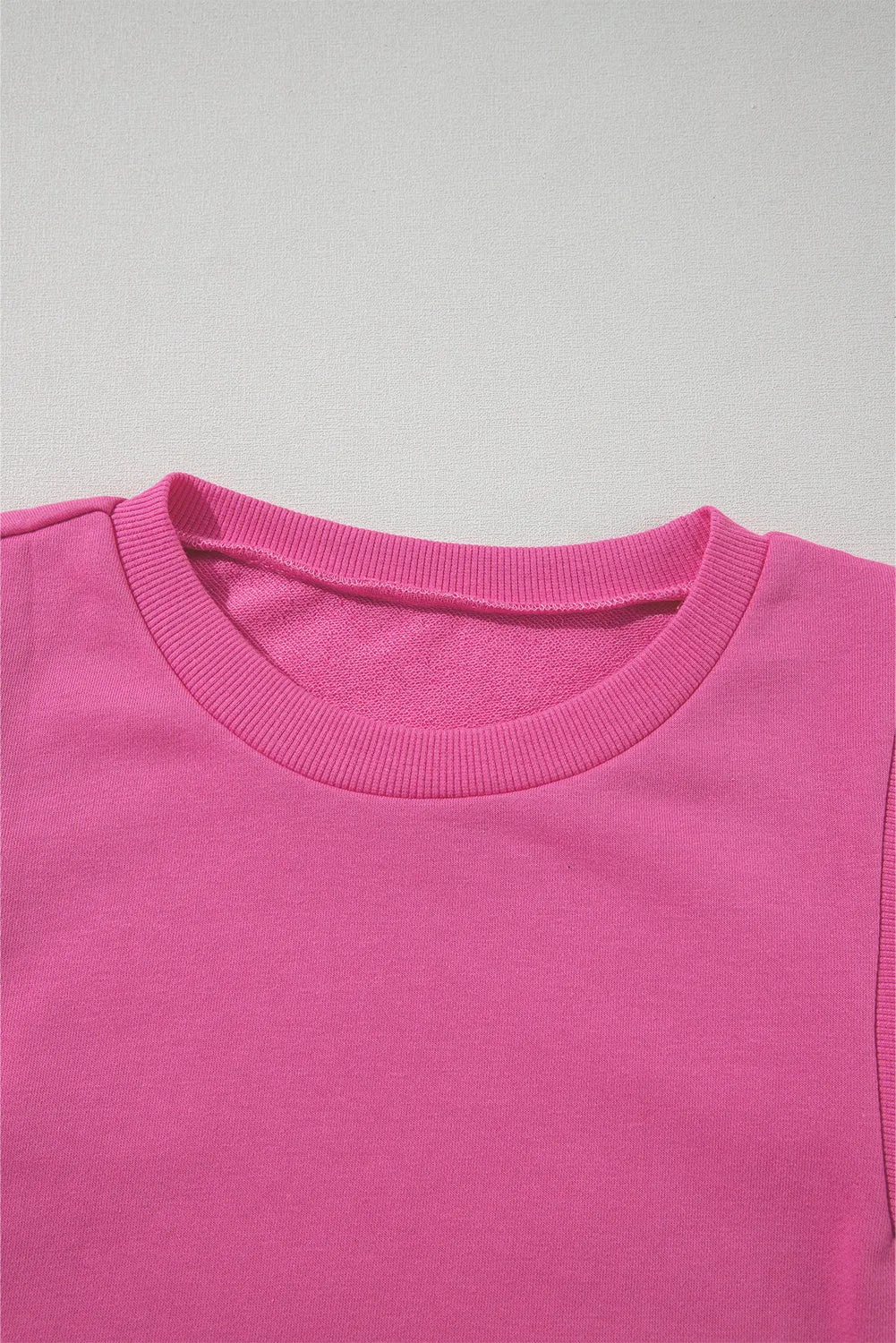 Bright Pink Eyelet Embroidered Sleeve Patchwork Ribbed Sweatshirt