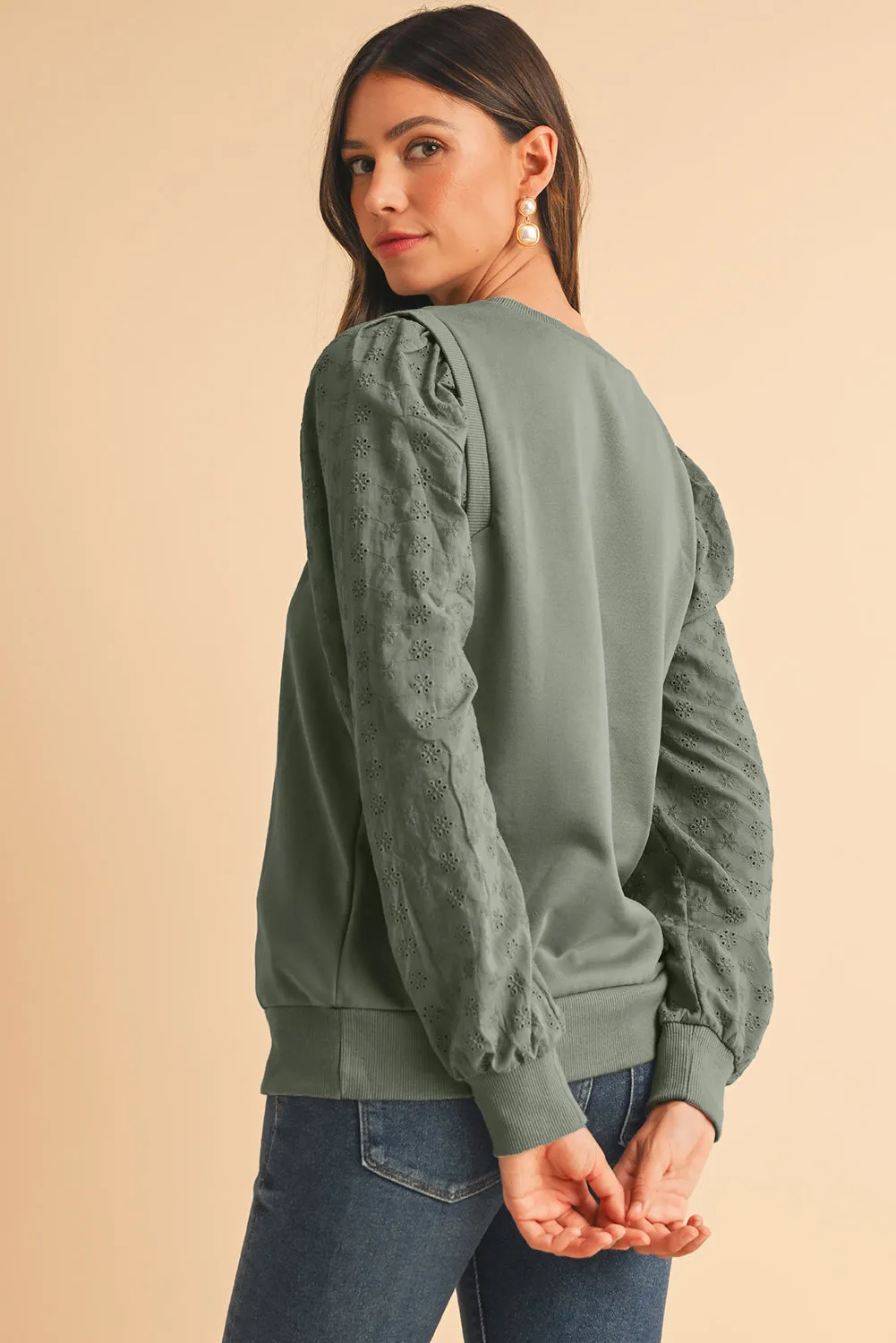 Bright Pink Eyelet Embroidered Sleeve Patchwork Ribbed Sweatshirt