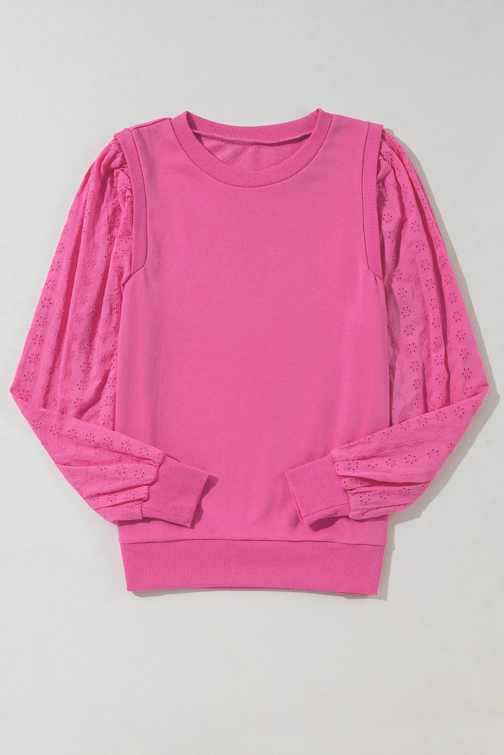 Bright Pink Eyelet Embroidered Sleeve Patchwork Ribbed Sweatshirt