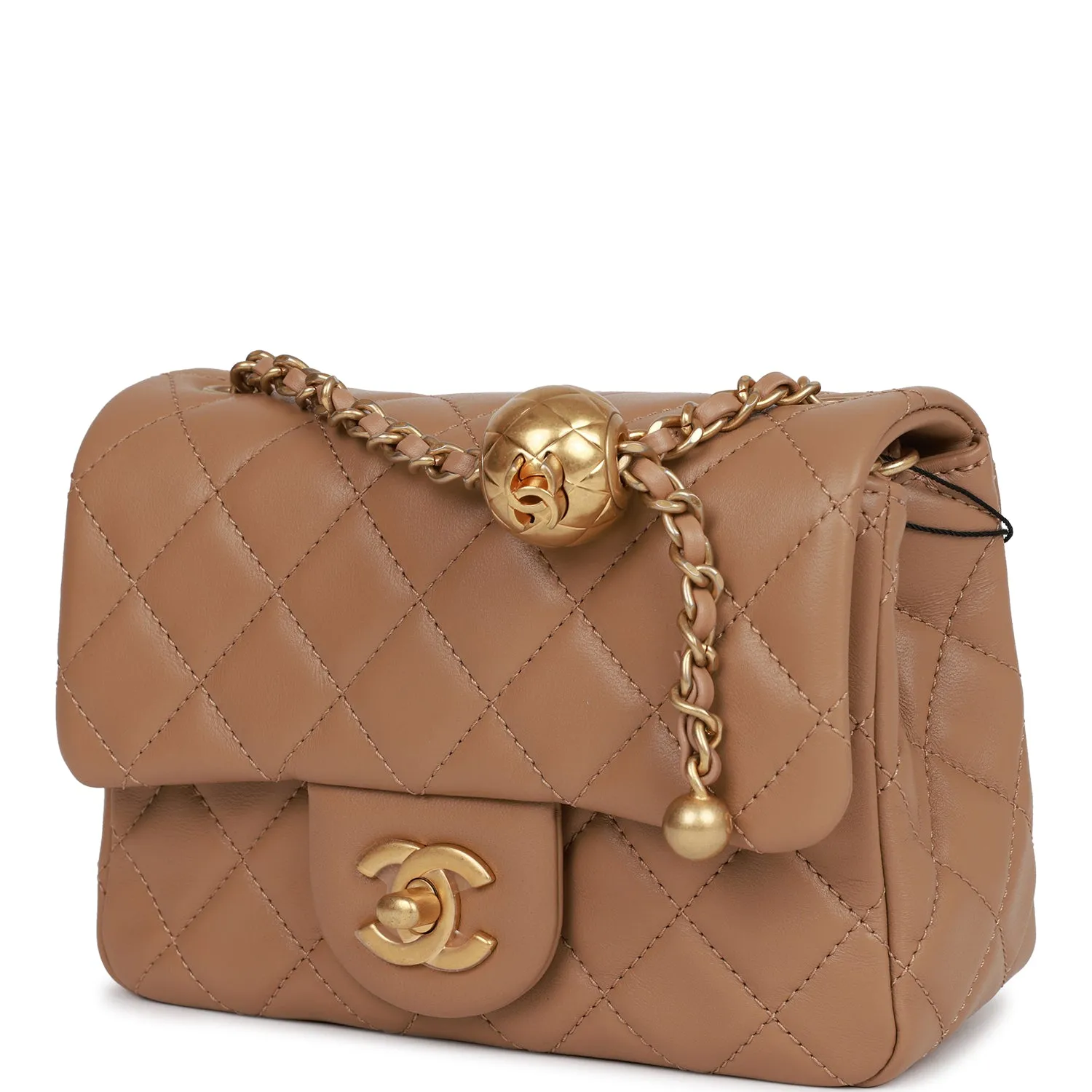 Chanel Pearl Crush Mini Square Flap Bag Beige Lambskin Antique Gold Hardware