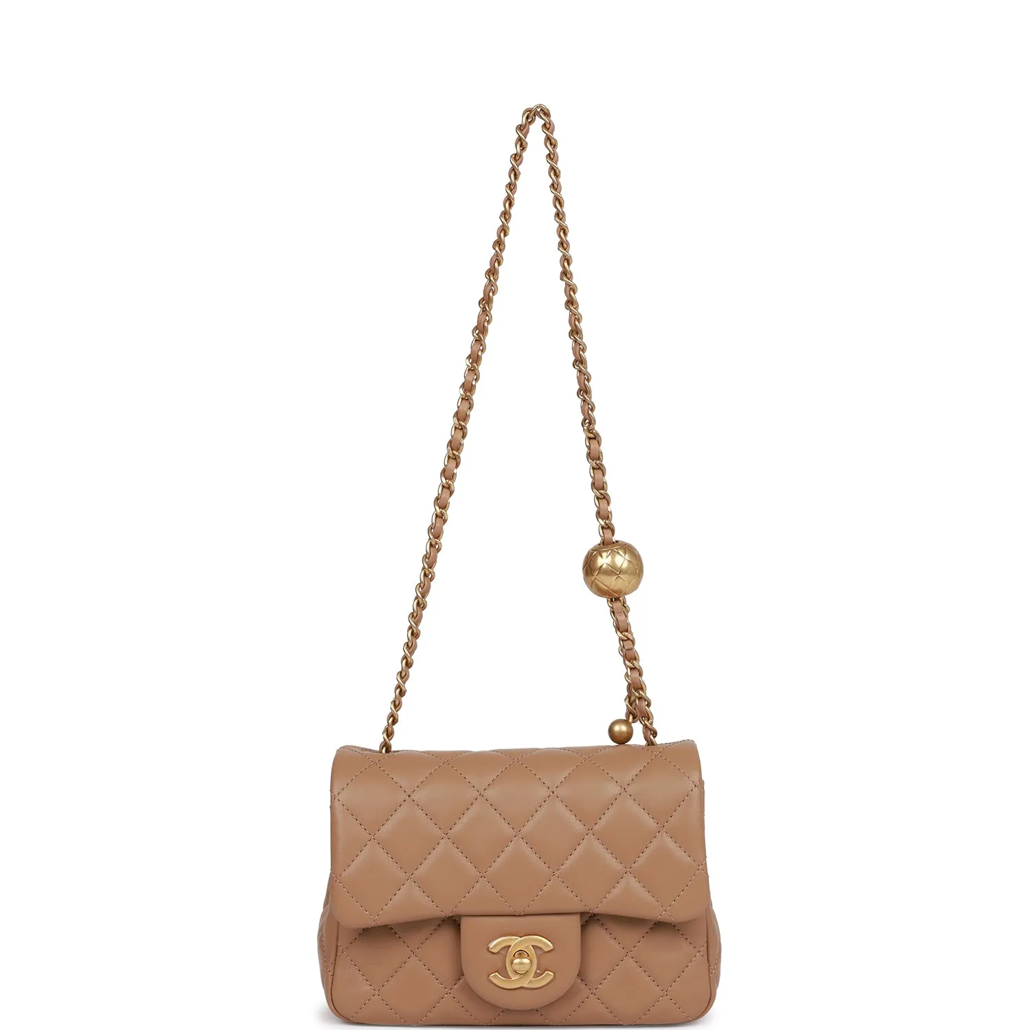 Chanel Pearl Crush Mini Square Flap Bag Beige Lambskin Antique Gold Hardware