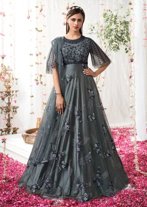 Charcoal Grey Wedding Festive Floor Length Anarkali Suit