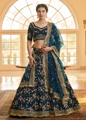 Chinon Silk Blue Multi Embroidered Wedding Lehenga Choli