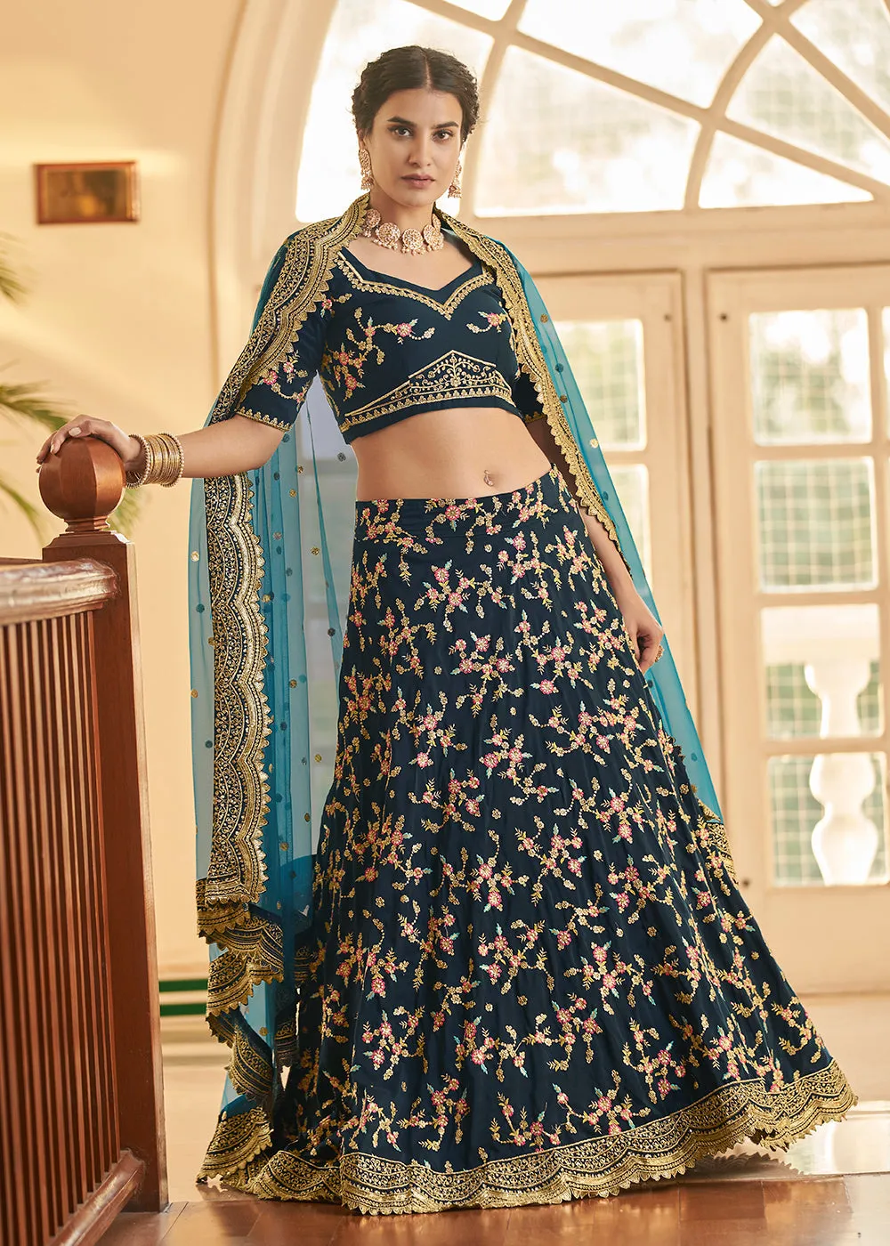 Chinon Silk Blue Multi Embroidered Wedding Lehenga Choli