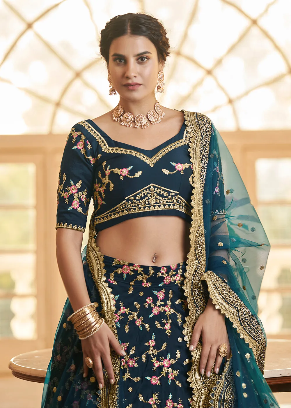 Chinon Silk Blue Multi Embroidered Wedding Lehenga Choli