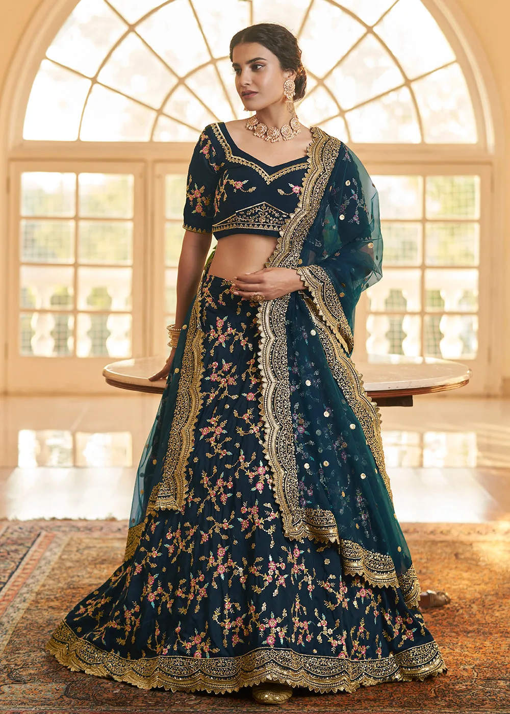 Chinon Silk Blue Multi Embroidered Wedding Lehenga Choli