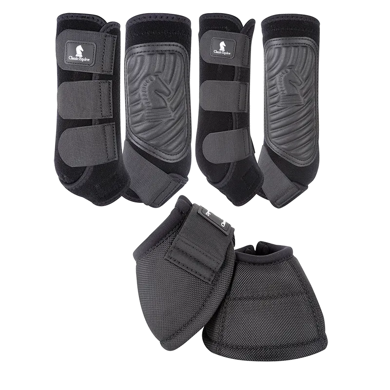 Classic Equine Classic Fit Front, Hind, and Bell Boot Combo Pack- Black