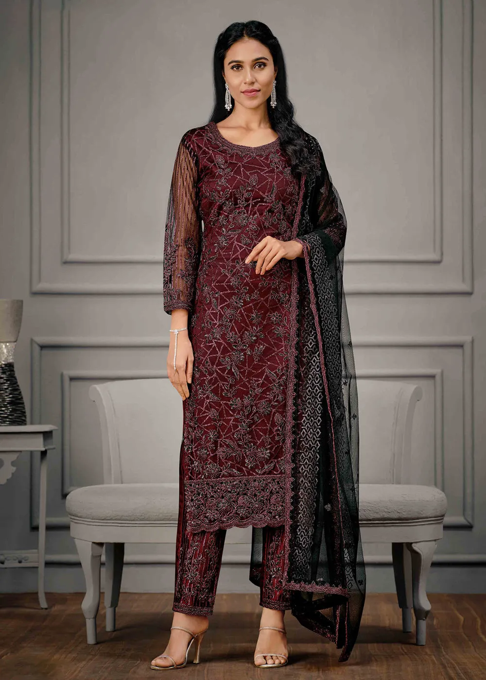 Classy Maroon Wedding Wear Net Embroidered Salwar Suit