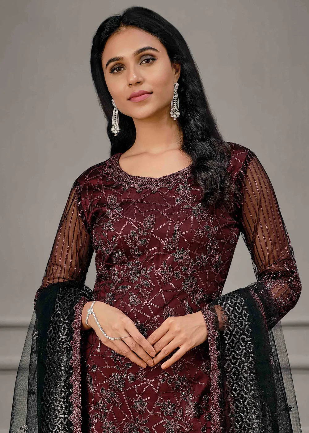 Classy Maroon Wedding Wear Net Embroidered Salwar Suit