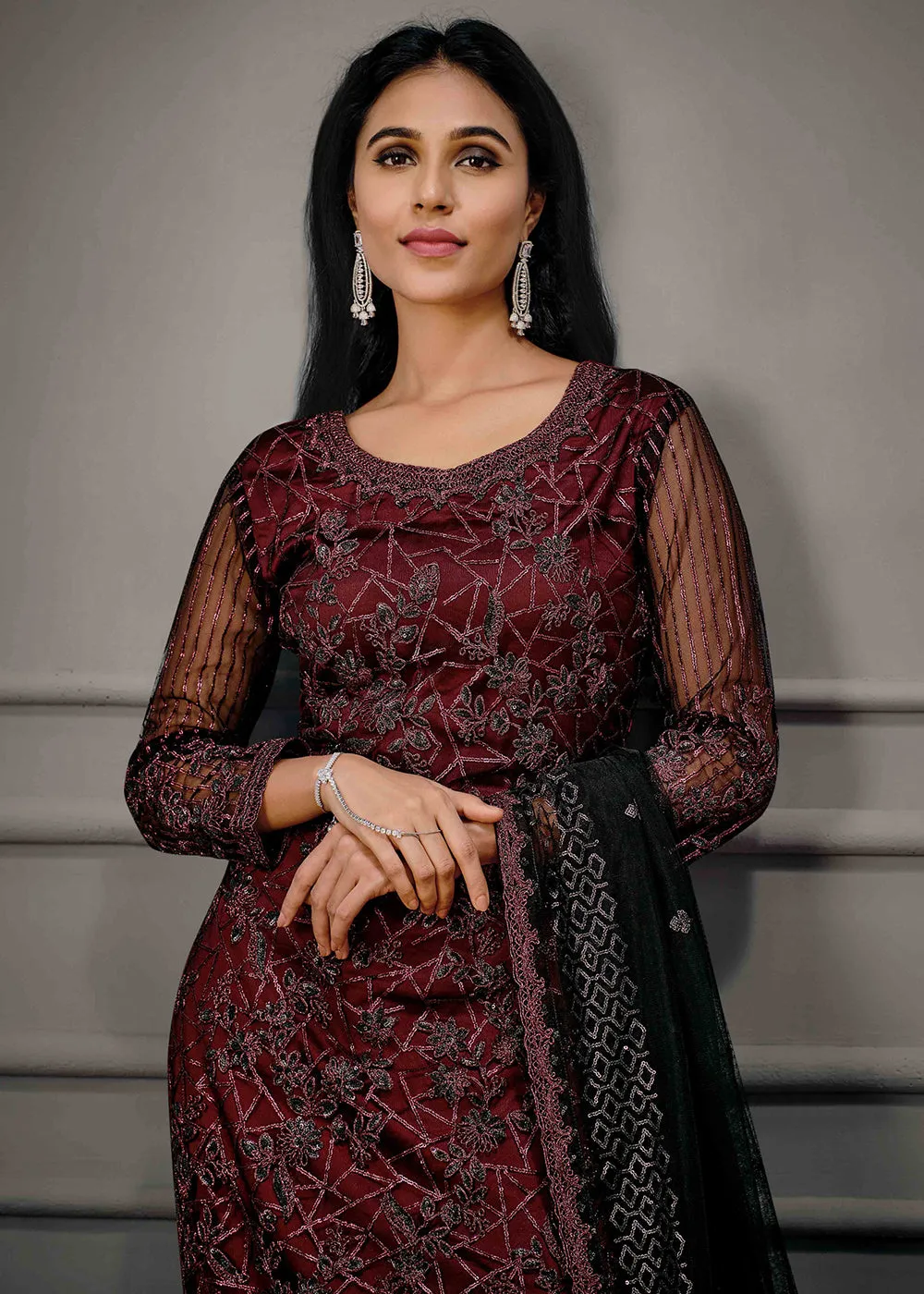 Classy Maroon Wedding Wear Net Embroidered Salwar Suit