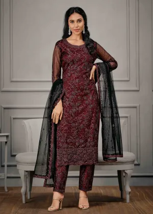 Classy Maroon Wedding Wear Net Embroidered Salwar Suit