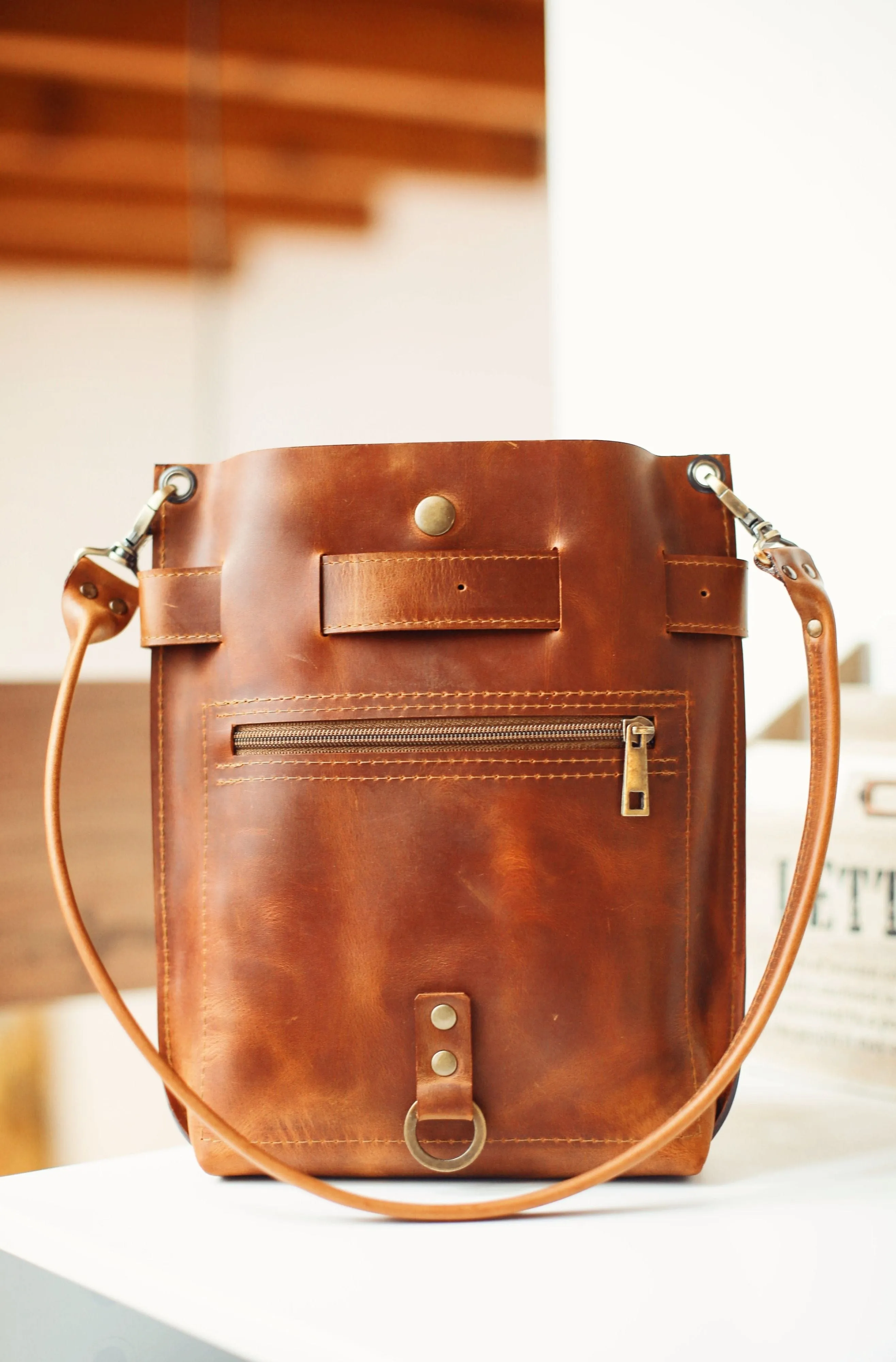 Cognac Brown Leather Bag w/Green