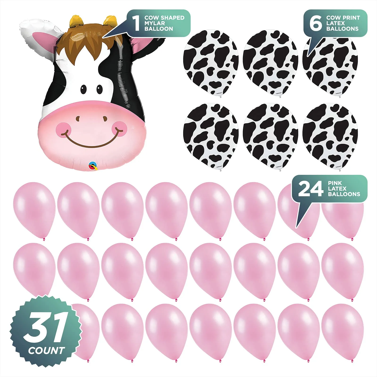 Cow Party Balloon Decorations - Happy Cow Mylar Balloon With Cow Print and Pink Latex Balloons in Assorted Sizes