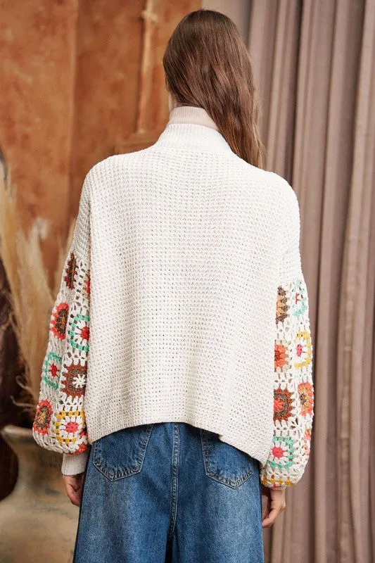 Crochet Floral Printed Long Sleeve Knit Cardigan