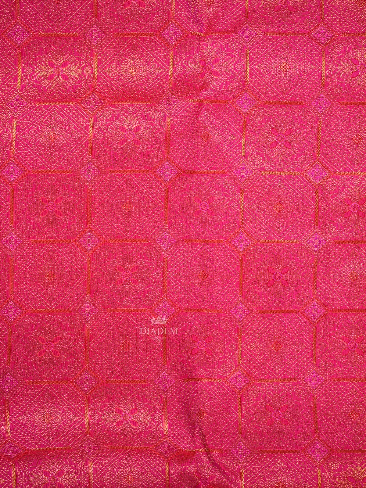 Dark Pink Pure Kanchipuram Silk Saree with Floral and Diamond Design on the Body and with Contrast Designed Border