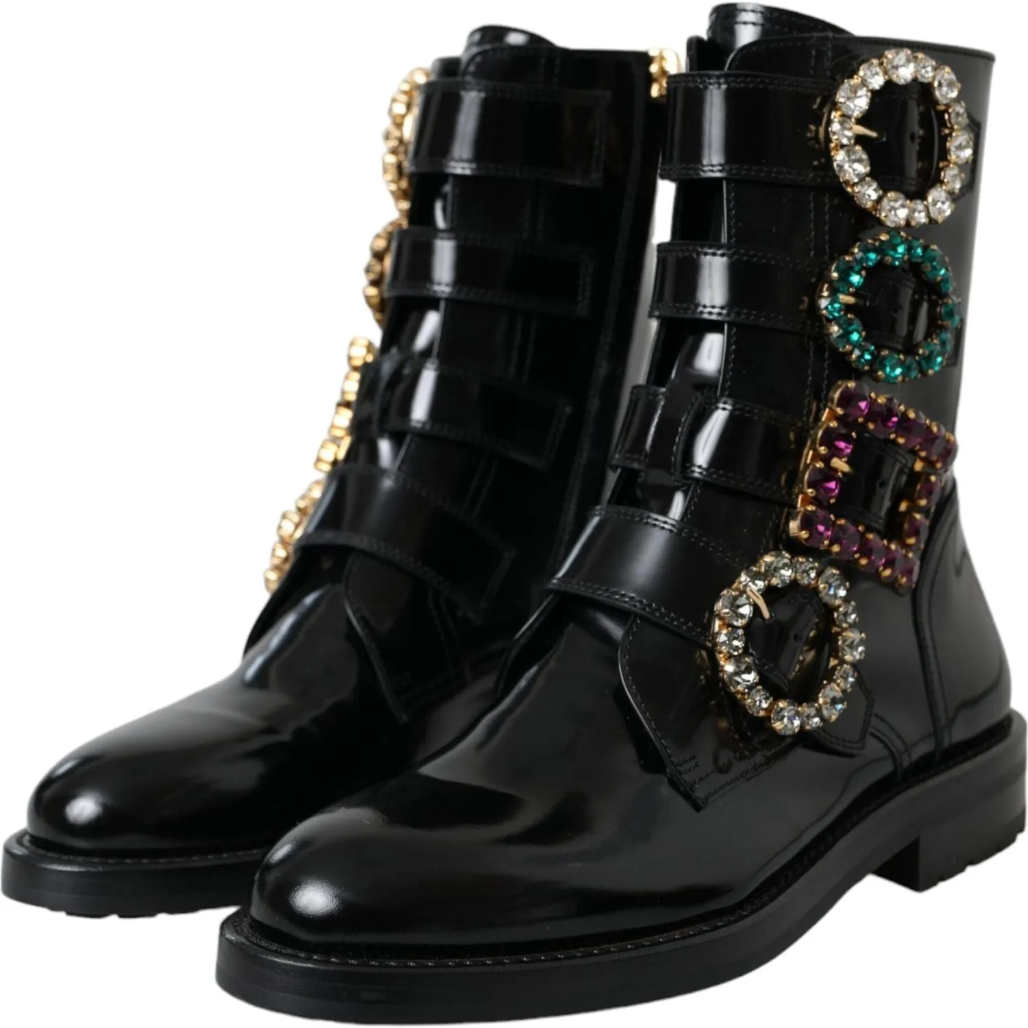 Dolce & Gabbana Black Leather Crystal Buckles Boots Shoes