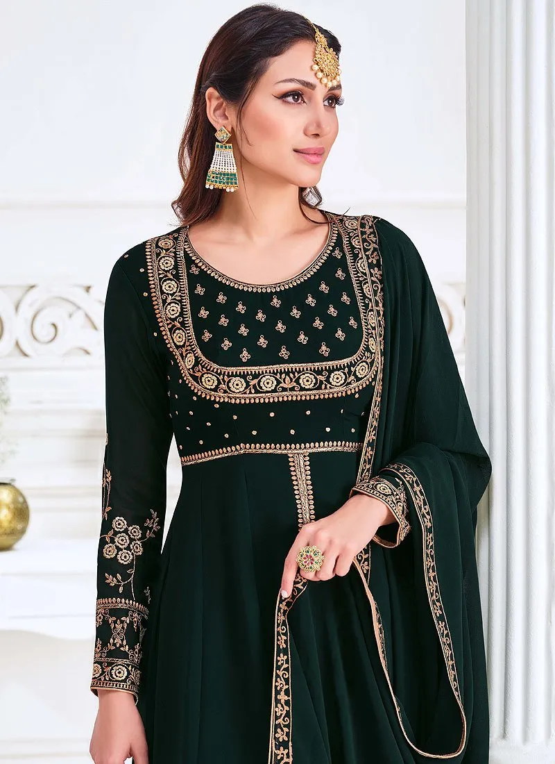 Front Slit Bottle Green Zari Embroidered Anarkali Suit