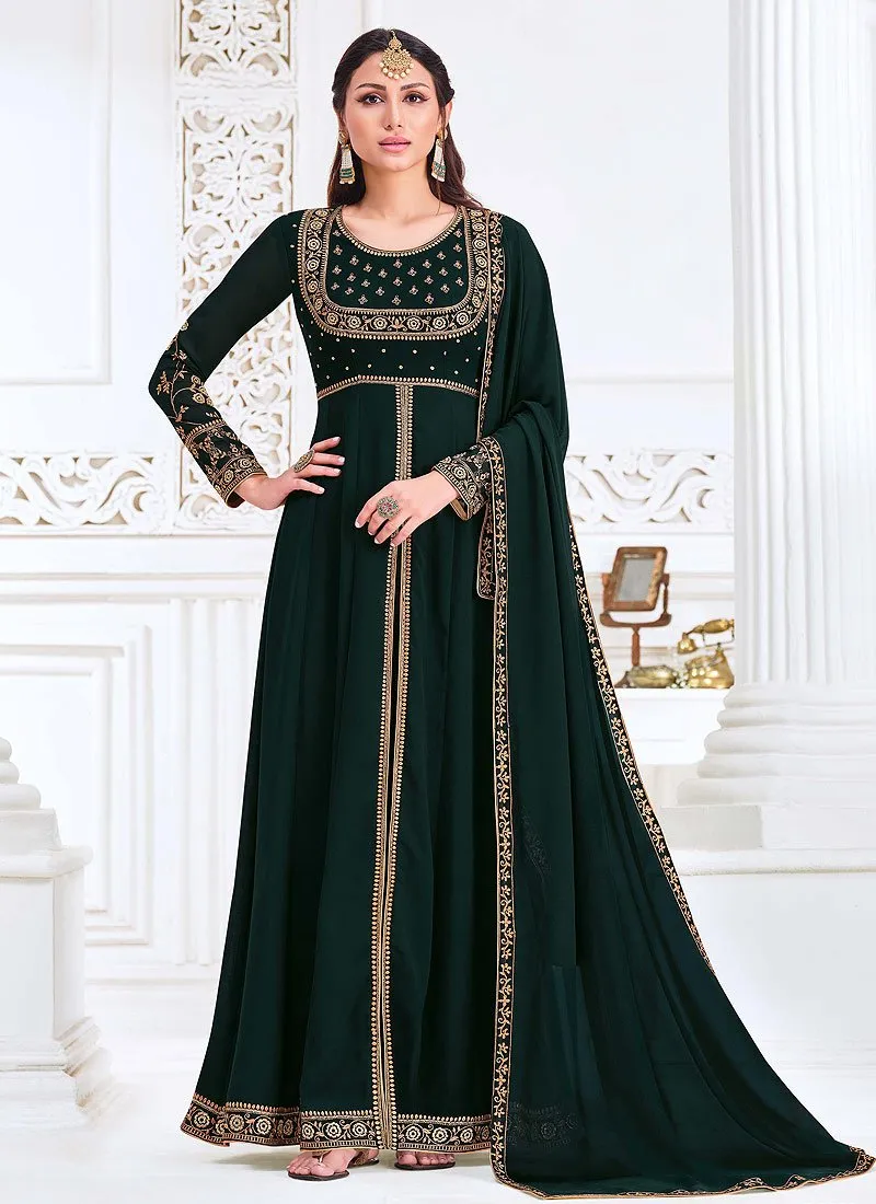 Front Slit Bottle Green Zari Embroidered Anarkali Suit