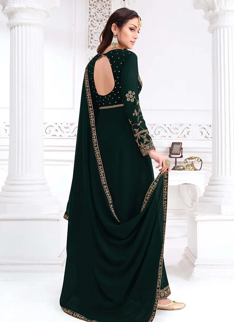 Front Slit Bottle Green Zari Embroidered Anarkali Suit