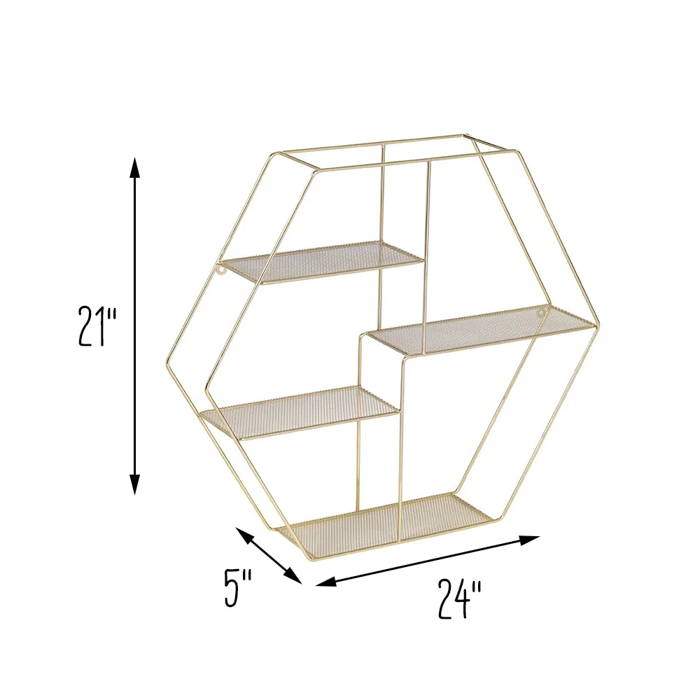 Gold 4-Tier Hexagonal Decorative Metal Wall Shelf