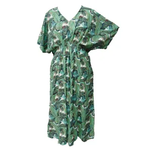 Green Feathers Cotton Smocked Maxi Dress Size 16-32 P208