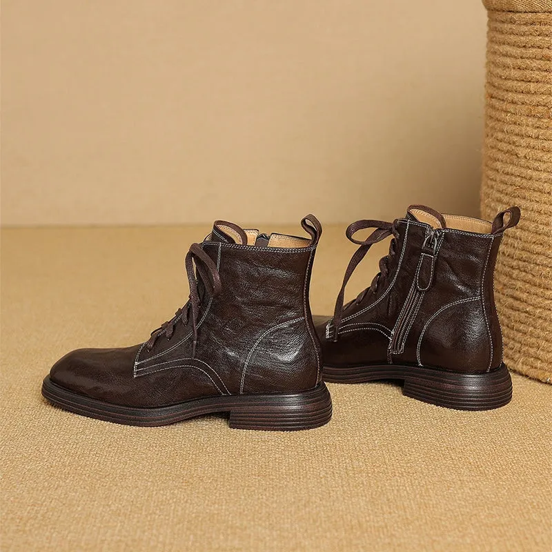 Handmade Lambskin Classic Low-Heel Martin Boots in Black/Brown for Autumn/Winter