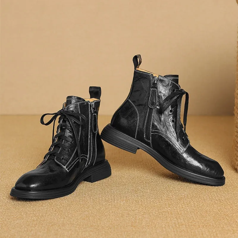 Handmade Lambskin Classic Low-Heel Martin Boots in Black/Brown for Autumn/Winter