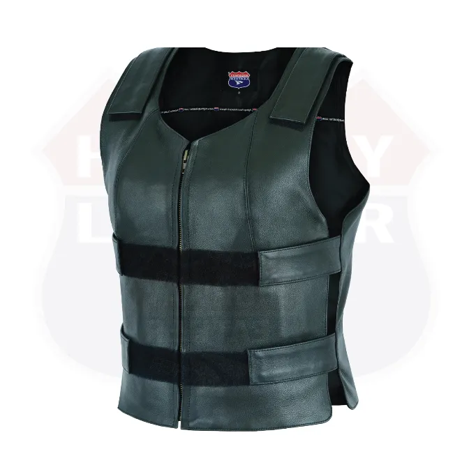 HL14945Black Women BLACK Bullet Proof style Leather Motorcycle Vest bikers Club Tactical Vest Ammo