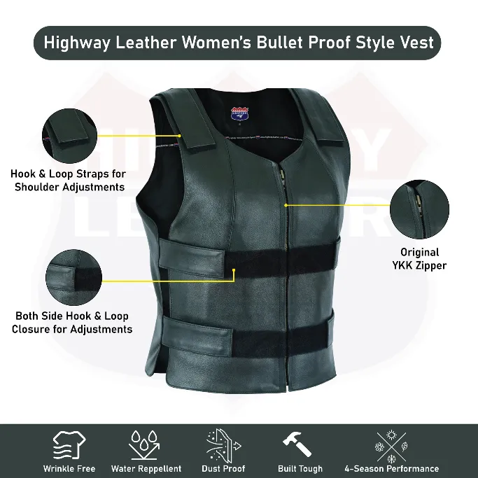 HL14945Black Women BLACK Bullet Proof style Leather Motorcycle Vest bikers Club Tactical Vest Ammo