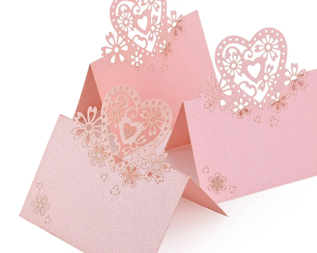 Laser Cut Love Heart Wedding Table Place Card - Pink