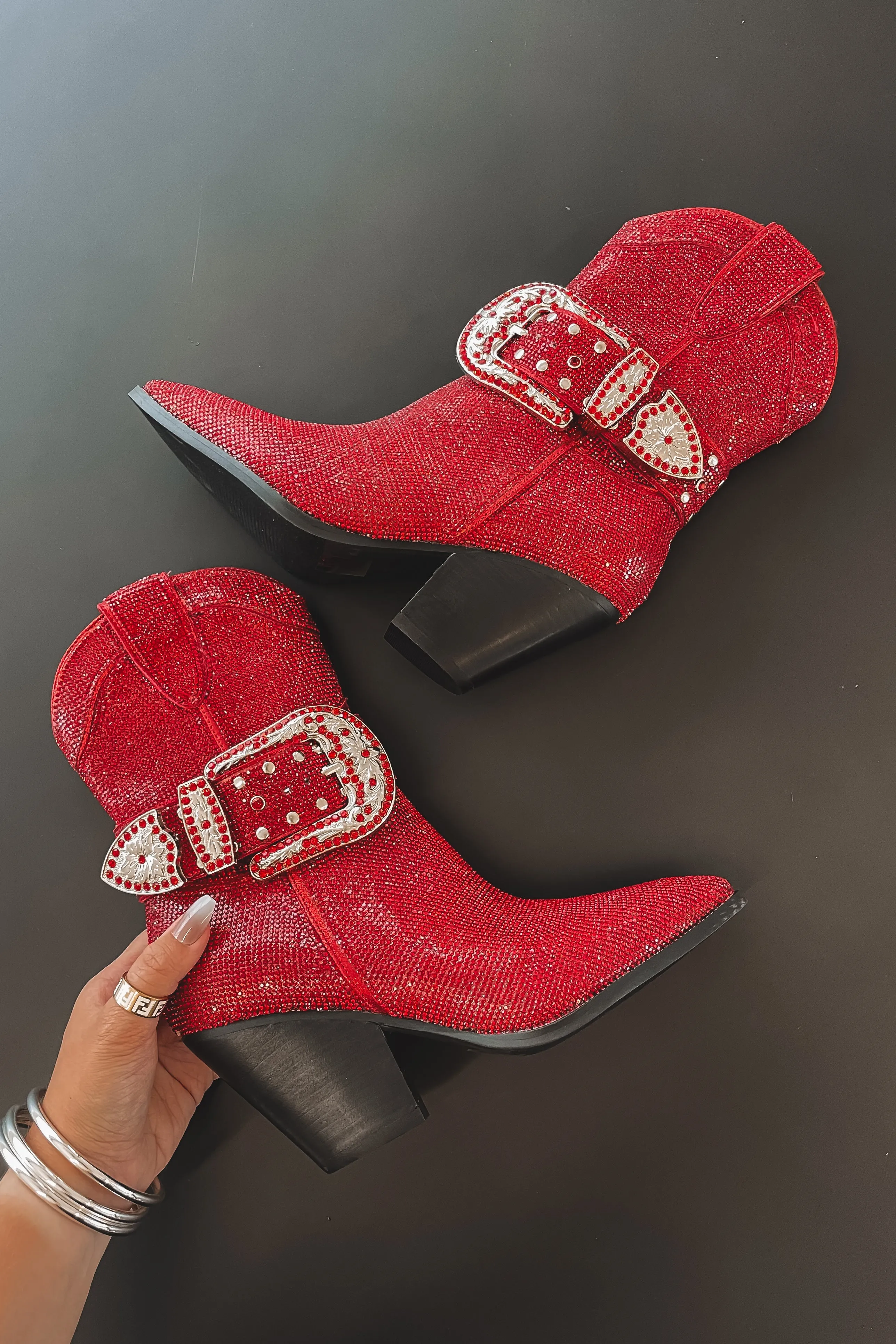 Look At Me Red Rhinestone Buckle Boots