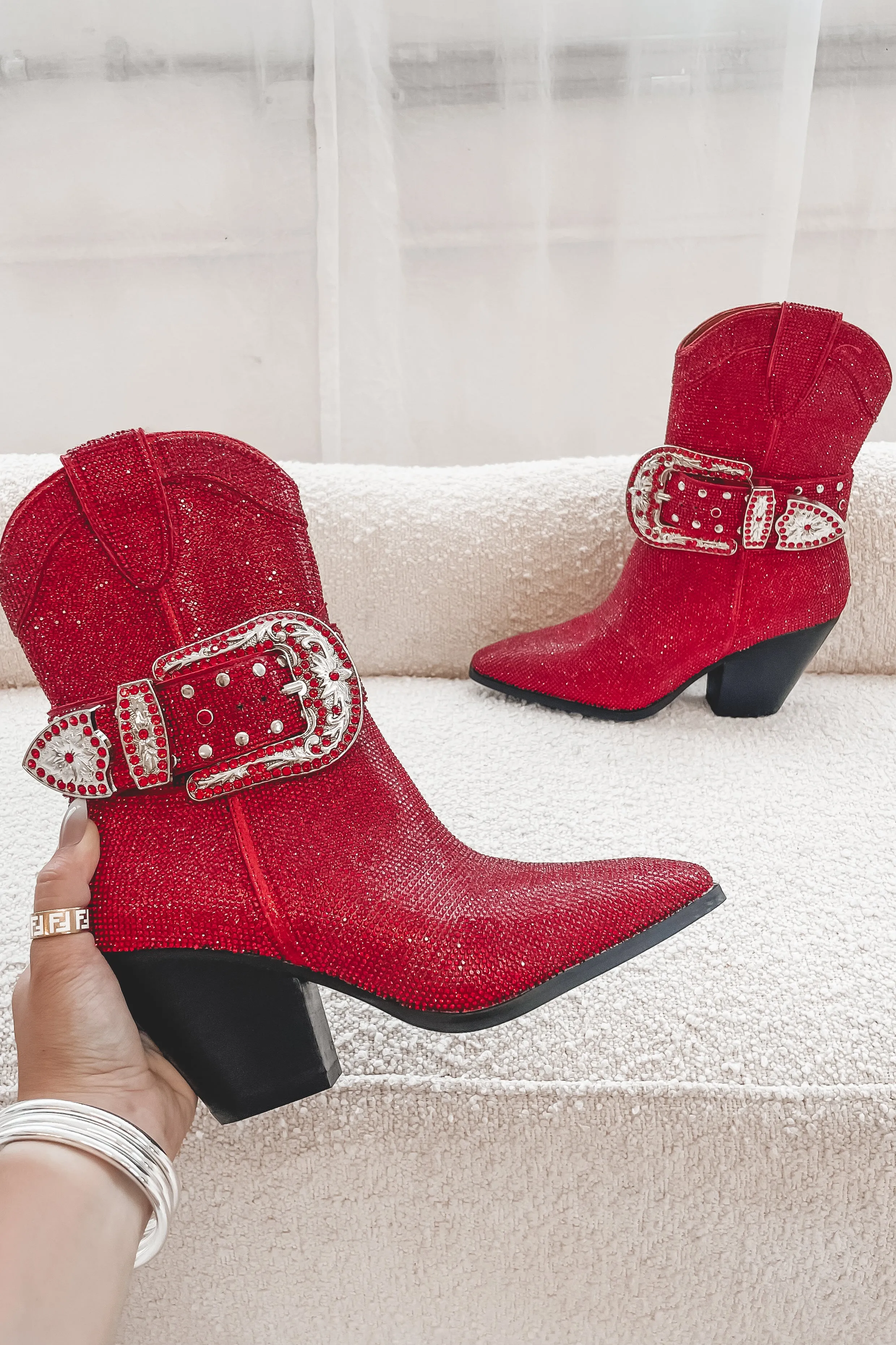 Look At Me Red Rhinestone Buckle Boots