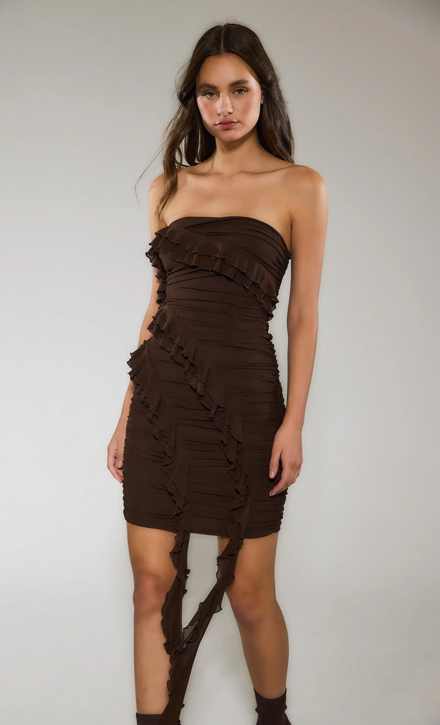 Mocha Bandeau Ruffle Detail Mini Dress