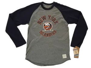 New York Islanders Retro Brand Gray Navy Tri-Blend Long Sleeve Baseball T-Shirt