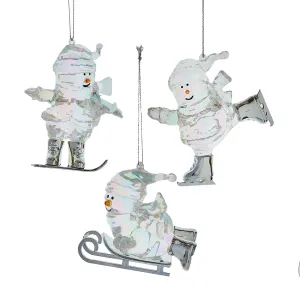 Opalescent Snowman Ornament, Ski, Sled, Snowboard, 3 Assorted