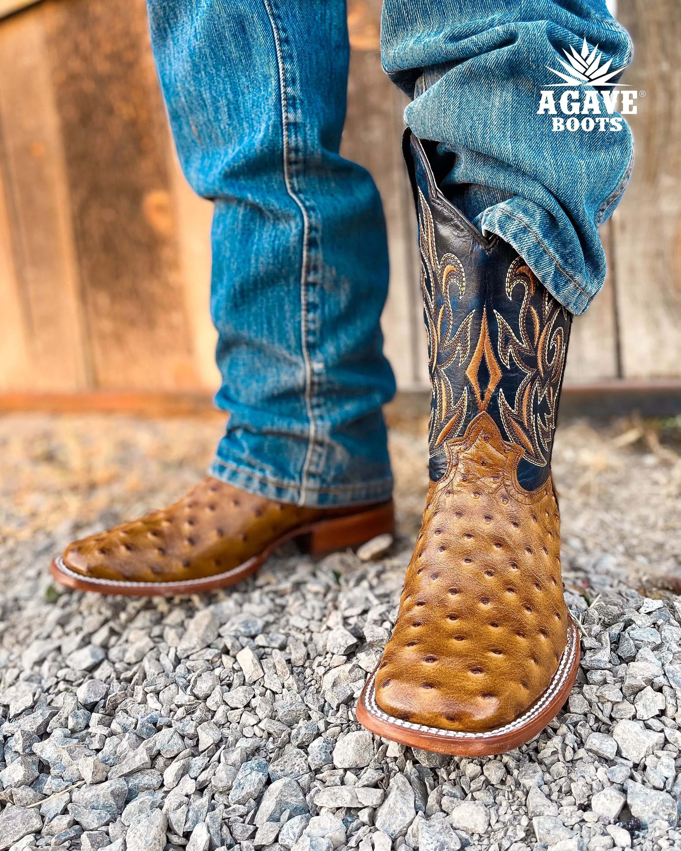 OSTRICH LIGHT BROWN PRINT  | MEN SQUARE TOE WESTERN COWBOY BOOTS