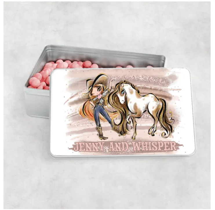 Personalised Aluminium Tin - Howdy Cowgirl and Horse, Choose your Girl and add name