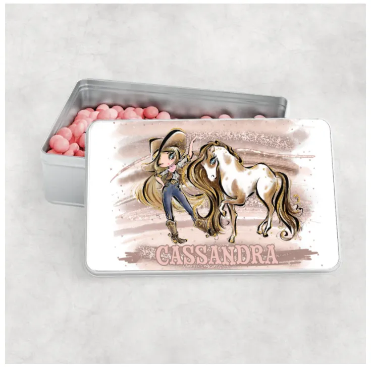 Personalised Aluminium Tin - Howdy Cowgirl and Horse, Choose your Girl and add name