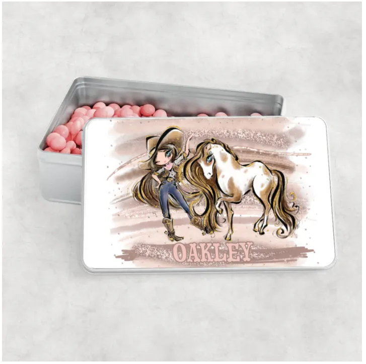 Personalised Aluminium Tin - Howdy Cowgirl and Horse, Choose your Girl and add name