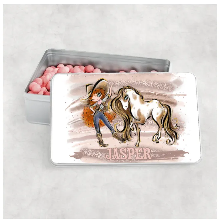 Personalised Aluminium Tin - Howdy Cowgirl and Horse, Choose your Girl and add name