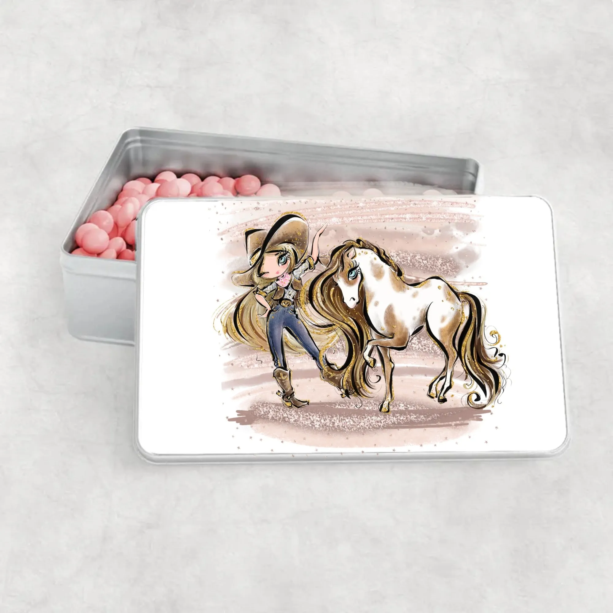 Personalised Aluminium Tin - Howdy Cowgirl and Horse, Choose your Girl and add name